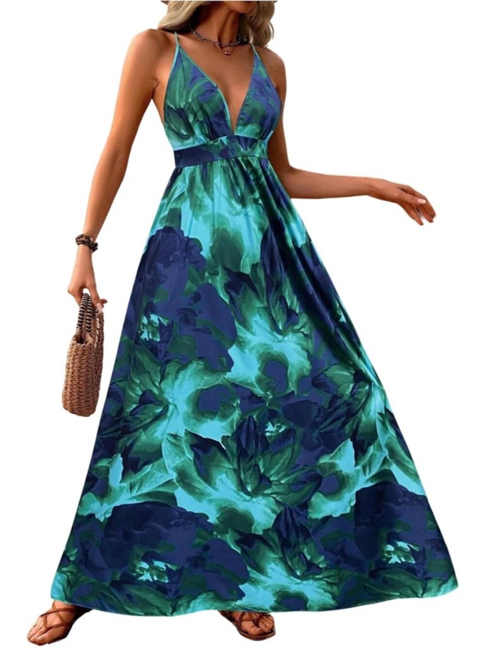 Women's Green Floral Boho Flowy Maxi Backless Summer Beach Wedding Guest Hawaian